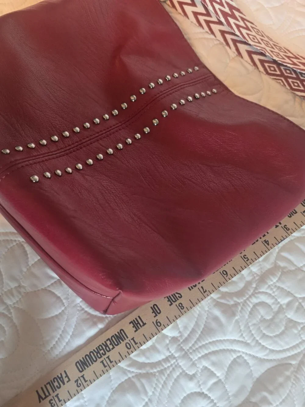 Red Soft Vinyl Bucket Purse with Studs & Woven Strap